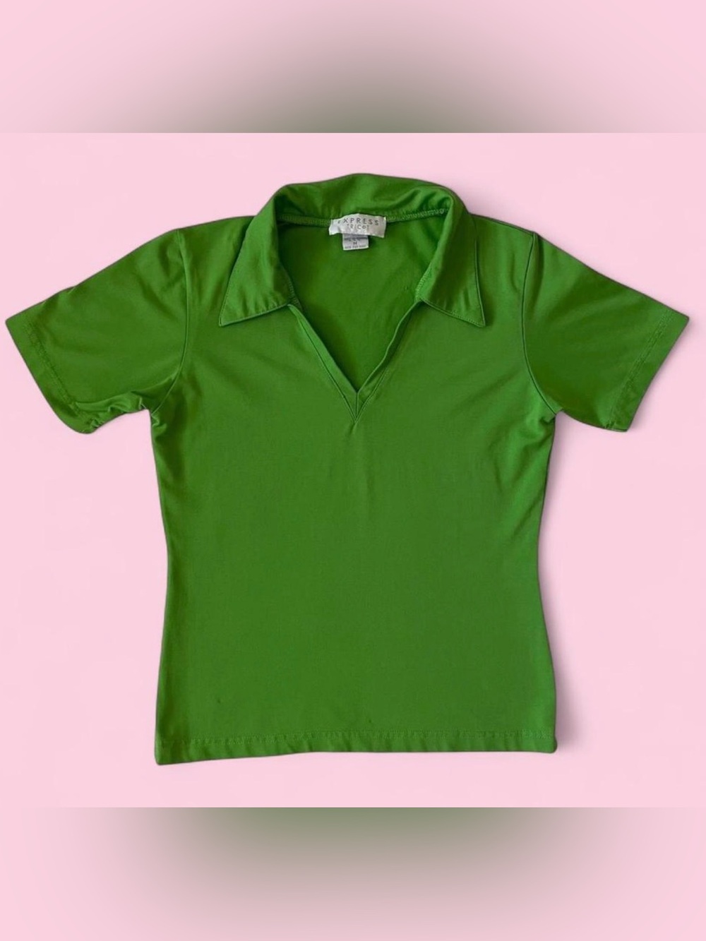 Vintage Y2K Express Tricot Kelly Green Preppy Polo V Neck Stretchy Top 💚